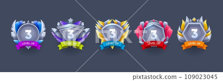 Game level up and win metal badges. Arcade level up prize, gambling app victory realistic vector sign, gaming task complete, win rank or achievements rating realistic vector badge with silver medals Game level up and win metal badges. Arcade level up prize, gambling app victory realistic vector sign, gaming task complete, win rank or achievements rating realistic vector badge with silver medals 109023045