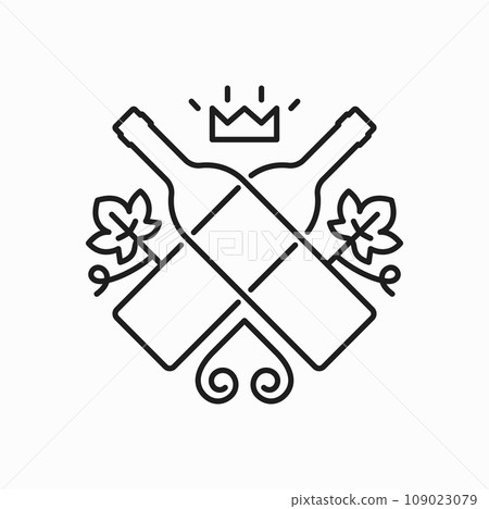 Crossed wine bottles, crown and grape leaves outline decor and ornament isolated vine label thin line icon. Vector alcohol drink winery product emblem Crossed wine bottles, crown and grape leaves outline decor and ornament isolated vine label thin line icon. Vector alcohol drink winery product emblem 109023079