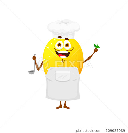 Cartoon chef lemon character holding cooking utensils. Isolated vector citrus fruit personage smiling, wearing chef hat and apron, holding fresh greenery ingredients, cook delicious meals on kitchen Cartoon chef lemon character holding cooking utensils. Isolated vector citrus fruit personage smiling, wearing chef hat and apron, holding fresh greenery ingredients, cook delicious meals on kitchen 109023089