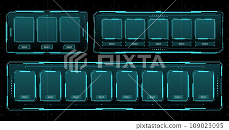 Hud sci fi futuristic game frames, displays and screens. Info boxes ui interface in digital modern tech style. Vector hi-tech neon colored glowing design elements for gamer menu, or user applications 109023095