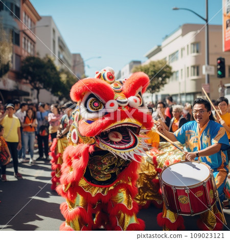A colorful parade featuring dragon dancers, lion dancers 109023121