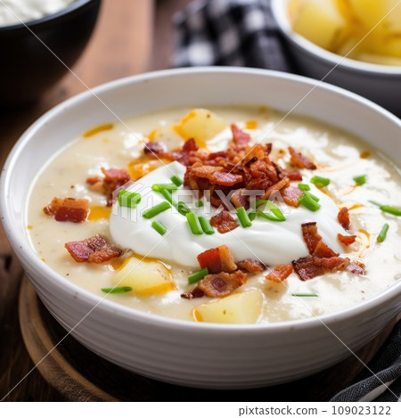 A creamy and comforting potato soup with bits of crispy bacon and a dollop of sour cream on top 109023122