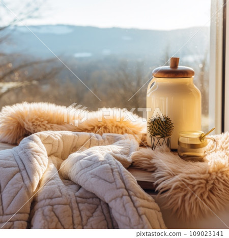a fluffy blanket and a hot water bottle with a winter landscape in the background 109023141