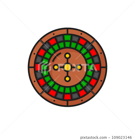 Casino roulette wheel isolated color line icon. Vector gamble table with spin, online casino roulette gambling games amusement machine 109023146