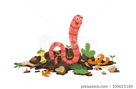 Cartoon earth worm character eating compost or bio organic wastes for vermicomposting, vector poster. Funny happy earthworm in compost soil with compostable organic garbage and food scraps 109023180