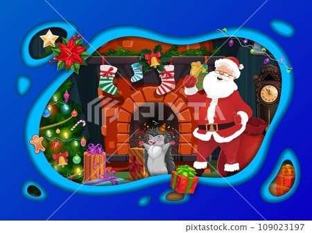 Christmas paper cut poster with cheerful Santa near fireplace and decorated pine tree at Xmas holiday eve. Vector greeting card with 3d effect frame, Father Noel ringing the bell and funny hedgehog 109023197
