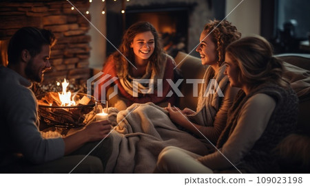 A group of friends gather around a fireplace, wrapped in blankets and enjoying a hot beverage A group of friends gather around a fireplace, wrapped in blankets and enjoying a hot beverage 109023198