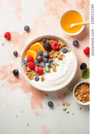 A bowl of Greek yogurt topped with granola, mixed berries, and a drizzle of honey A bowl of Greek yogurt topped with granola, mixed berries, and a drizzle of honey 109023199