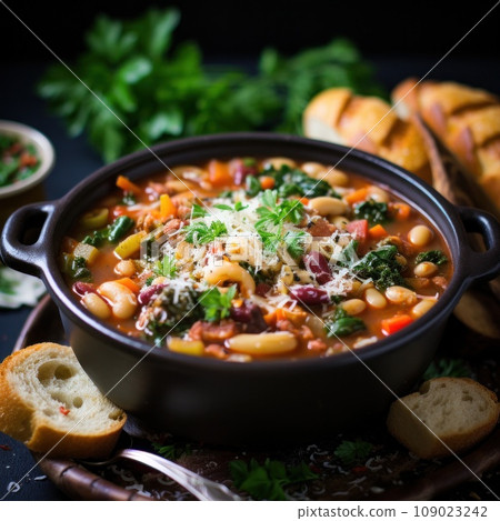 A colorful and hearty minestrone soup with a variety of vegetables, beans, and pasta 109023242