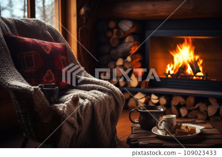 A cozy cabin interior with a roaring fireplace, soft blankets, and a hot cup of tea A cozy cabin interior with a roaring fireplace, soft blankets, and a hot cup of tea 109023433