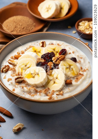 A bowl of creamy oatmeal with sliced banana, honey, and chopped walnuts 109023629