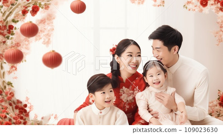Chinese New Year card surrounded by a joyous family, symbolizing unity, love, and prosperity 109023630
