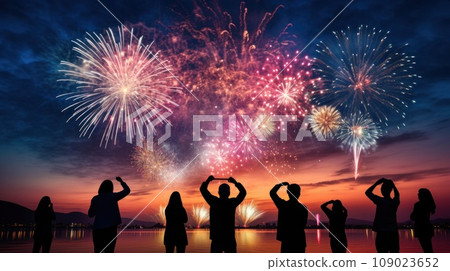 A colorful photo of fireworks bursting in the sky, with a silhouette of people watching in the foreground 109023652