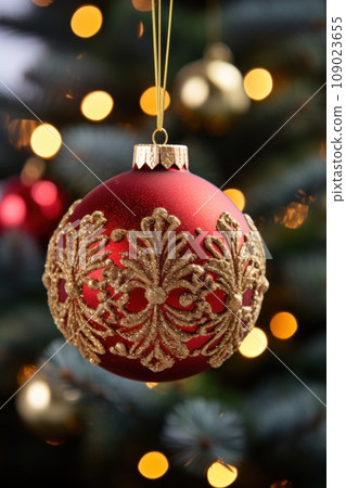 a beautifully decorated Christmas wreath with red and gold ornaments, 109023655