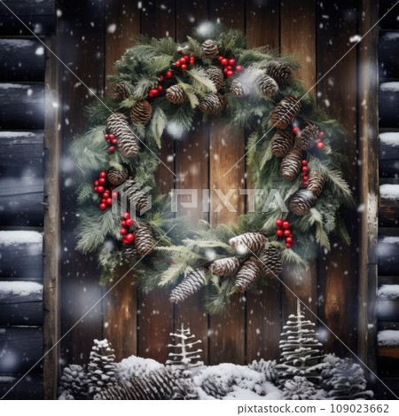 A beautiful Christmas wreath hanging on a rustic wooden door A beautiful Christmas wreath hanging on a rustic wooden door 109023662