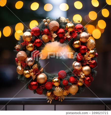 a beautifully decorated Christmas wreath with red and gold ornaments, a beautifully decorated Christmas wreath with red and gold ornaments, 109023721