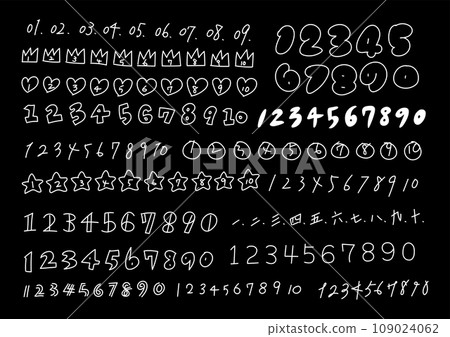 Illustration set of handwritten white letters and numbers (black background) Illustration set of handwritten white letters and numbers (black background) 109024062