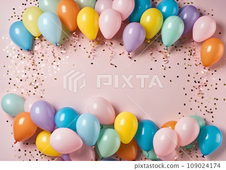 Illustration of balloons and confetti AI generated image 109024174