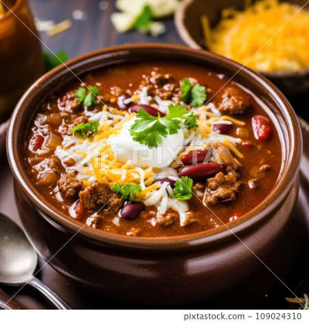 A spicy and flavorful chili soup with tender chunks of beef, beans, and a sprinkle of grated cheese A spicy and flavorful chili soup with tender chunks of beef, beans, and a sprinkle of grated cheese 109024310