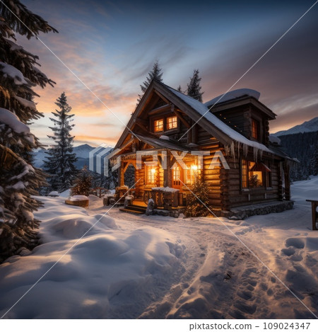 A rustic cabin with a smoking chimney sits in a snowy landscape, A rustic cabin with a smoking chimney sits in a snowy landscape, 109024347