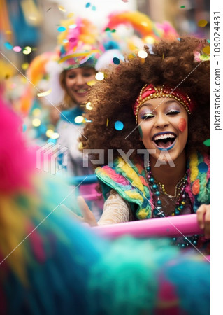 A lively carnival parade provides a festive and celebratory background A lively carnival parade provides a festive and celebratory background 109024431