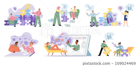 Game therapy vector illustration. Patients can benefit from game-based teaching methods to enhance their learning and personal growth in therapy Problem-solving games provide support in developing 109024469