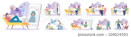 Psychoanalysis vector illustration. Mental health encompasses various lifestyles and approaches to overall wellbeing Mindfulness practices promote mental wellbeing and self-awareness Psychoanalysis 109024503