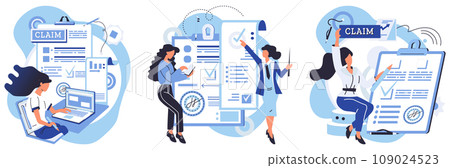 Claim application vector illustration. The registration form collects your basic information A claim application metaphorically represents your financial journey Legal documents require careful 109024523
