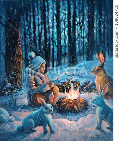 Little kid in warm clothes warms himself by the fire with hares in a snowy winter forest. Original oil painting on canvas art. Snowy cold forest trees and snowdrifts landscape. Modern hand drawn image Little kid in warm clothes warms himself by the fire with hares in a snowy winter forest. Original oil painting on canvas art. Snowy cold forest trees and snowdrifts landscape. Modern hand drawn image 109024719