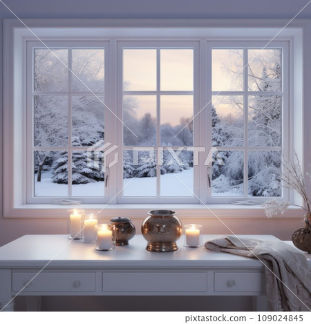 A snowy landscape is visible through a window, with a warm and inviting interior visible in the foreground A snowy landscape is visible through a window, with a warm and inviting interior visible in the foreground 109024845