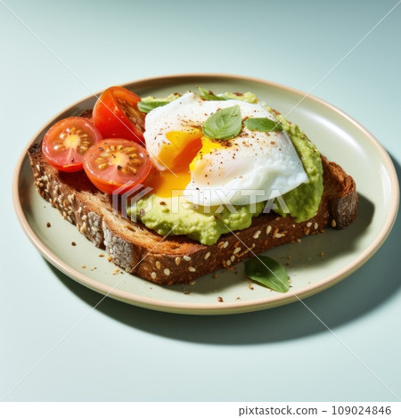 Two slices of whole wheat toast with avocado spread, sliced tomatoes, and a poached egg. Two slices of whole wheat toast with avocado spread, sliced tomatoes, and a poached egg. 109024846