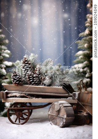 A rustic Christmas scene with a wooden sled, pine cones, and evergreen branches A rustic Christmas scene with a wooden sled, pine cones, and evergreen branches 109024849
