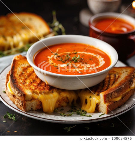 A steaming bowl of tomato soup with a grilled cheese sandwich on the side, A steaming bowl of tomato soup with a grilled cheese sandwich on the side, 109024876