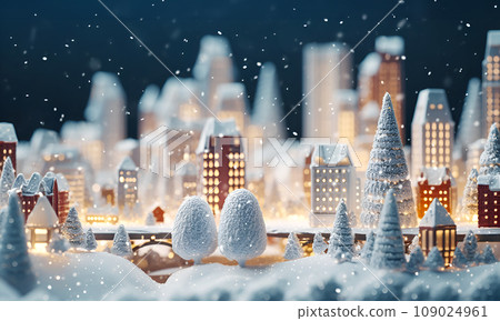 Christmas miniature town, small village illuminated model. Scene of cozy festive snowy houses, toy buildings, lights, night bokeh, cute lantern decorations, trees covered with white snow. New Year 109024961