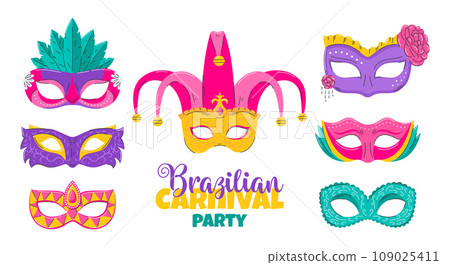 Set of carnival face masks for party decoration or masquerade. Masks with feathers, flower, rhinestones and patterns. Venetian mask. Flat Vector illustration isolated on a white background. Set of carnival face masks for party decoration or masquerade. Masks with feathers, flower, rhinestones and patterns. Venetian mask. Flat Vector illustration isolated on a white background. 109025411