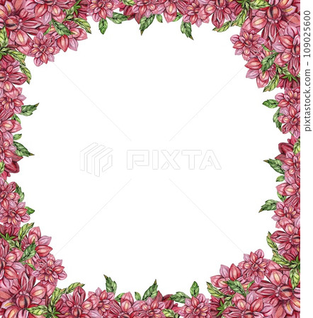 Flowers square frame with dahlia, watercolor illustration for cards, backgrounds. Watercolor illustration for scrapbooking. Hand drawn background with flower for your design. Perfect for wedding invit 109025600