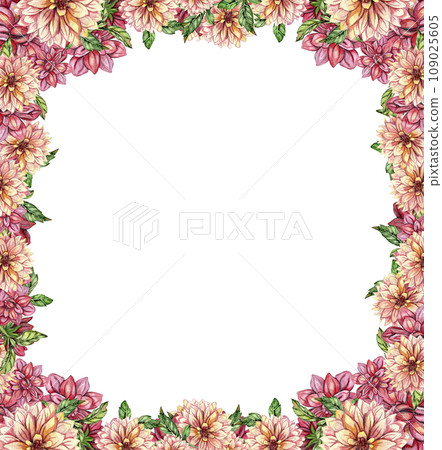 Flowers square frame with dahlia, watercolor illustration for cards, backgrounds. Watercolor illustration for scrapbooking. Hand drawn background with flower for your design. Perfect for wedding invit Flowers square frame with dahlia, watercolor illustration for cards, backgrounds. Watercolor illustration for scrapbooking. Hand drawn background with flower for your design. Perfect for wedding invit 109025605