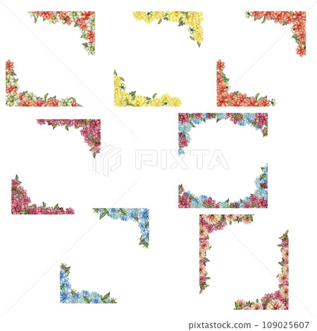 Flowers square frame with dahlia, watercolor illustration for cards, backgrounds. Watercolor illustration for scrapbooking. Hand drawn background with flower for your design. Perfect for wedding invit Flowers square frame with dahlia, watercolor illustration for cards, backgrounds. Watercolor illustration for scrapbooking. Hand drawn background with flower for your design. Perfect for wedding invit 109025607