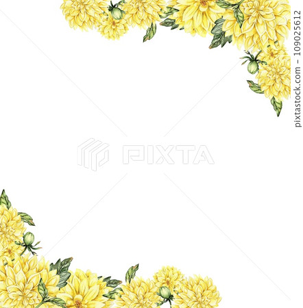 Flowers square frame with dahlia, watercolor illustration for cards, backgrounds. Watercolor illustration for scrapbooking. Hand drawn background with flower for your design. Perfect for wedding invit 109025612