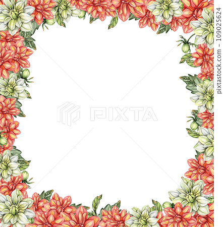 Flowers square frame with dahlia, watercolor illustration for cards, backgrounds. Watercolor illustration for scrapbooking. Hand drawn background with flower for your design. Perfect for wedding invit Flowers square frame with dahlia, watercolor illustration for cards, backgrounds. Watercolor illustration for scrapbooking. Hand drawn background with flower for your design. Perfect for wedding invit 109025624