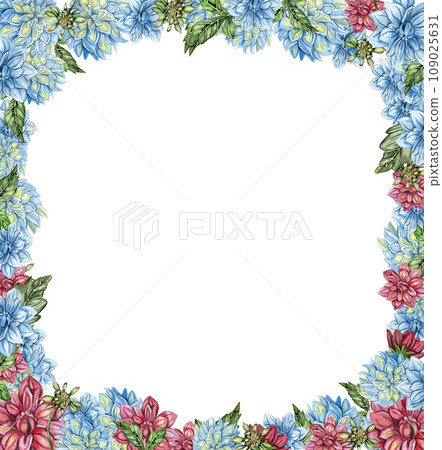 Flowers square frame with dahlia, watercolor illustration for cards, backgrounds. Watercolor illustration for scrapbooking. Hand drawn background with flower for your design. Perfect for wedding invit 109025631