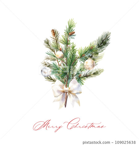 Watercolor fir branch bouquet with Christmas balls, white bow Watercolor fir branch bouquet with Christmas balls, white bow 109025638