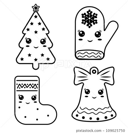 Christmas mitt character, stocking, bell, Kawaii tree,color isolated vector illustration in cartoon style Christmas mitt character, stocking, bell, Kawaii tree,color isolated vector illustration in cartoon style 109025750