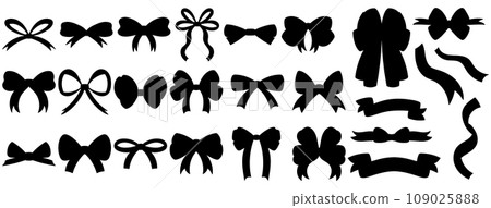 Simple hand drawn ribbon bow collection silhouette. Black color shape. Bowknot for decoration, big set of bowtie. Simple hand drawn ribbon bow collection silhouette. Black color shape. Bowknot for decoration, big set of bowtie. 109025888