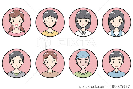 Elementary school boys and girls negative expression round icon set pink Elementary school boys and girls negative expression round icon set pink 109025937