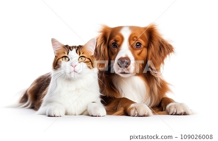 A dog and a cat lie together on the background. A dog and a cat lie together on the background. 109026008