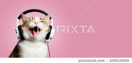 A funny cat listens to music on headphones and sings on a colored background, close-up muzzle. 109026009