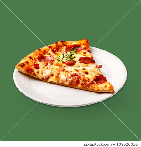 A slice of fresh Italian classic pizza with salami. 109026010