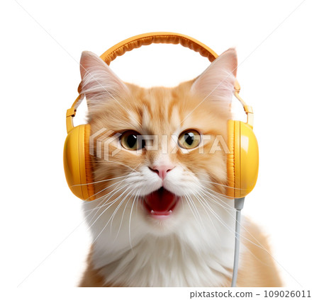 Beautiful cat with headphones isolated on a transparent background. 109026011