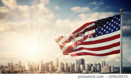 A powerful image of the American flag waving in front of a modern city skyline A powerful image of the American flag waving in front of a modern city skyline 109026035
